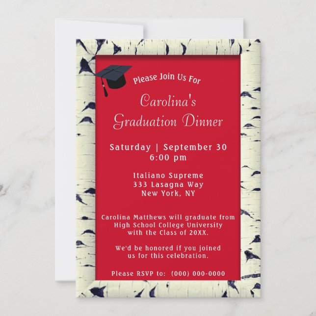 Invitation Birch Tree Bark Frame Red Dinner Casquette Graduat (Devant)