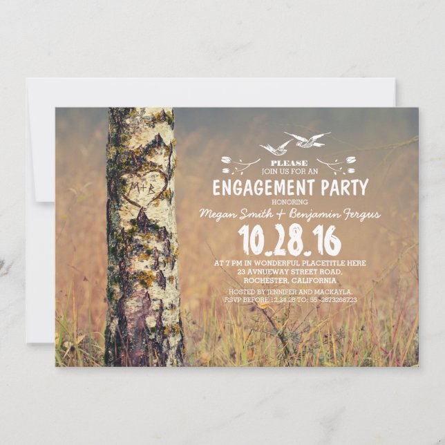 Invitation Birch tree & coeur d'amour fête d'engagement rusti (Devant)