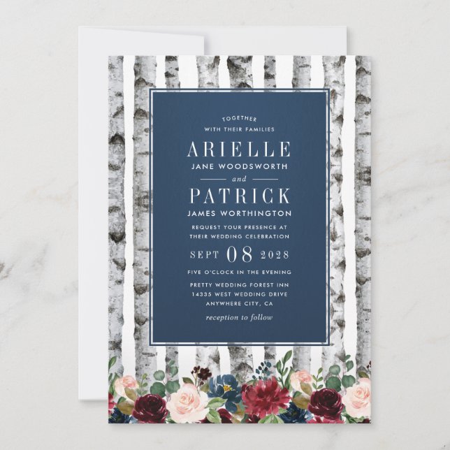 Invitation Birch Trees Marine Bleu Bourgogne Mariage Invitati (Devant)
