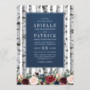 Invitation Birch Trees Marine Bleu Bourgogne Mariage Invitati
