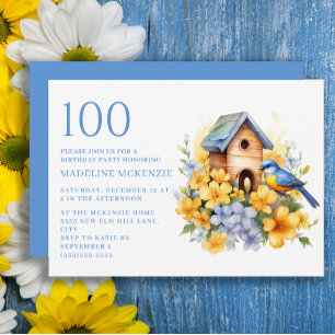 Invitation Bird Birdhouse Blue Jaune Fleurs 100e anniversaire