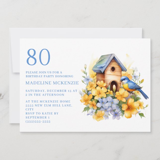 Invitation Bird Birdhouse Blue Jellow Flowers 80e anniversair (Devant)