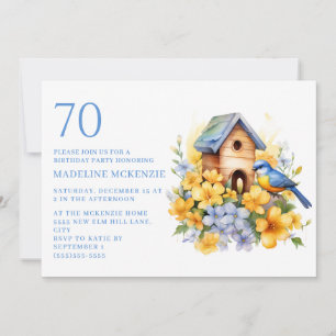 Invitation Bird Birdhouse Blue Yellow Flowers 70e anniversair