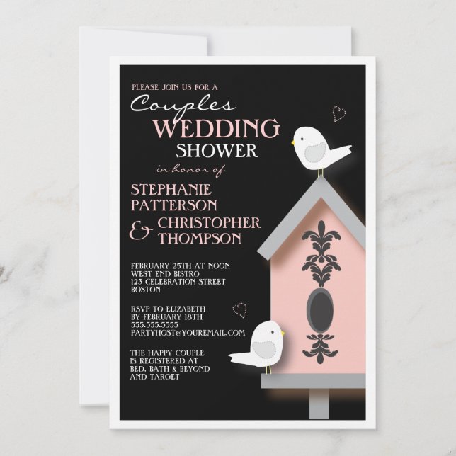 Invitation Bird Couple Damask Birdhouse Couples Douche (Devant)