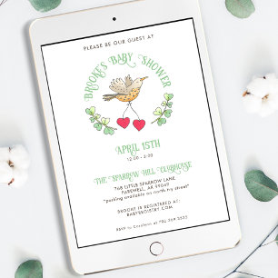 Invitation Bird de printemps avec des coeurs Baby shower mign