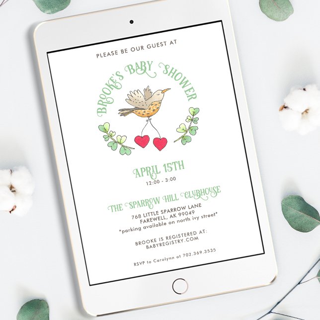 Invitation Bird de printemps avec des coeurs Baby shower mign (Créateur téléchargé)