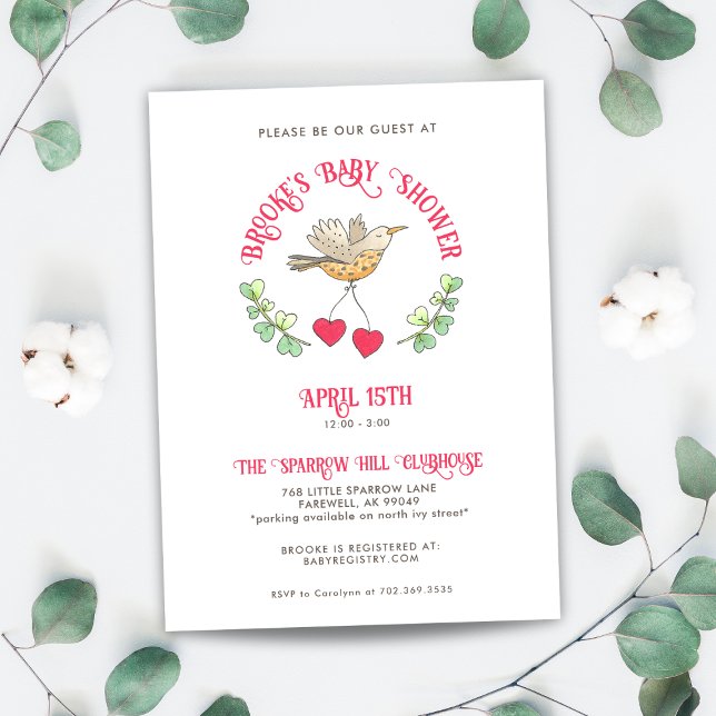 Invitation Bird de printemps avec des coeurs Baby shower mign (Créateur téléchargé)