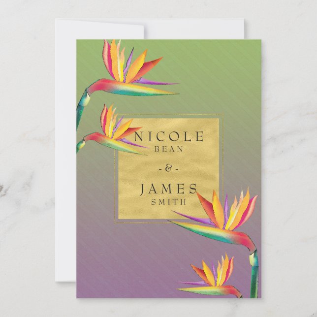 Invitation Bird of Paradise Gold Purple & Green Mariage (Devant)