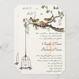 Invitation Birdcage Corail & Gris Oiseaux Vintages Mariage In