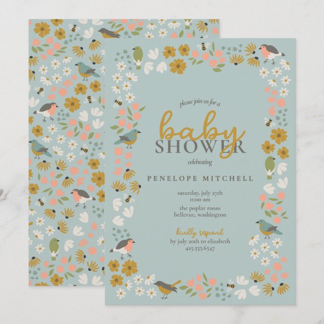 Invitation Birds and Bees Floral Baby Shower  (Devant / Derrière)