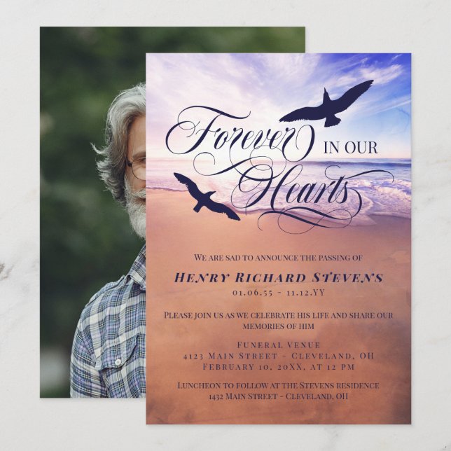 Invitation Birds Ocean Beach Pour Toujours Dans Nos Coeurs (Devant / Derrière)