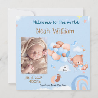 INVITATION BIRTH PHOTO ANNOUNCEMENT- TEDDY BEAR BALOONS