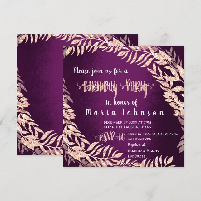 Invitation Birthda Party Wreath Parties scintillant Rose Gold (Devant / Derrière)