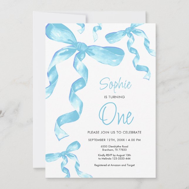 Invitation Birthday Blue Bow (Devant)