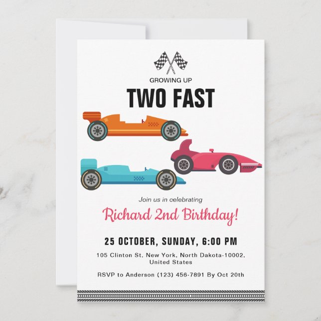 Invitation Birthday Boy Two Fast Race Car Theme Party (Devant)