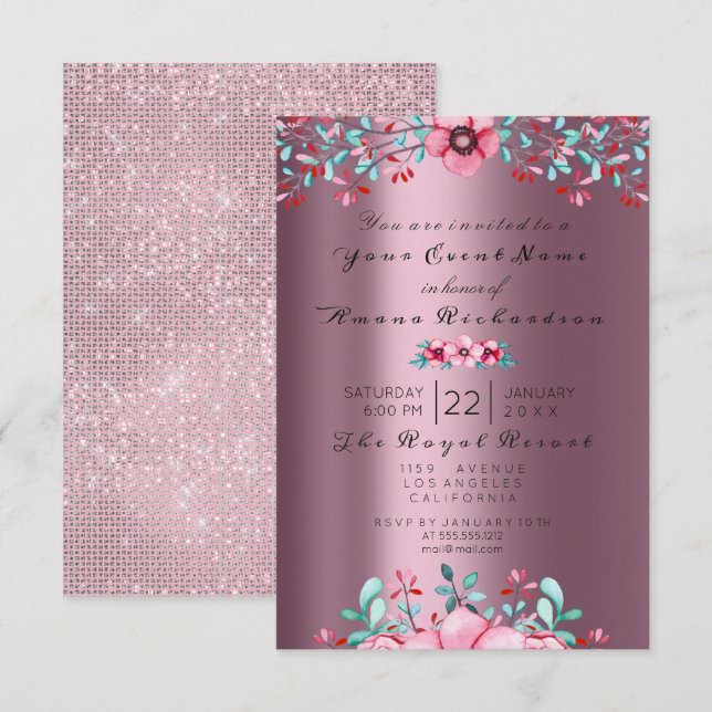 Invitation Birthday Bridal Floral Bohemian Eggplant Sparkly (Devant / Derrière)