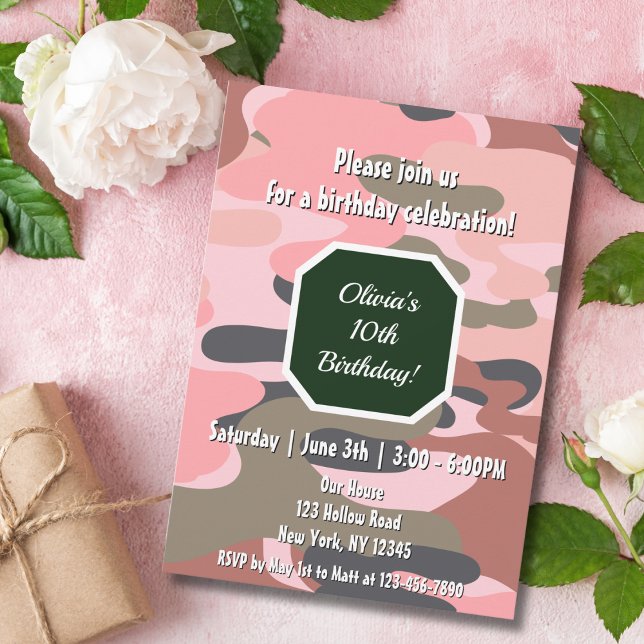 Invitation Birthday Camouflage Pink Green Cute Girl  (Créateur téléchargé)
