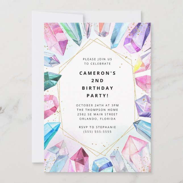 Invitation Birthday Gem Party Crystals Girl's watercolor Invi (Devant)