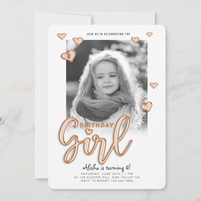 Invitation Birthday Girl Rose Gold Foil Balloon Texte Photo (Devant)