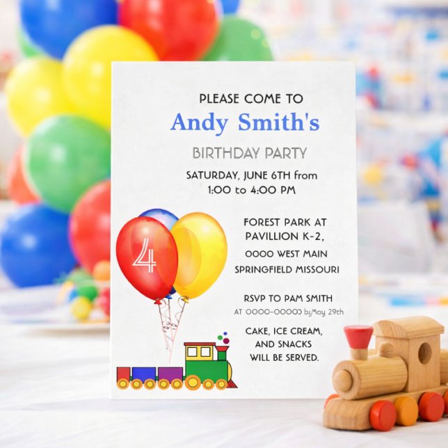 Invitation Birthday Party Balloons & Train  (Editable birthday invitation template for boys  personalize name, age, and details)