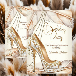Invitation Birthday Party Beige Cream Gold Heel Stiletto Shoe