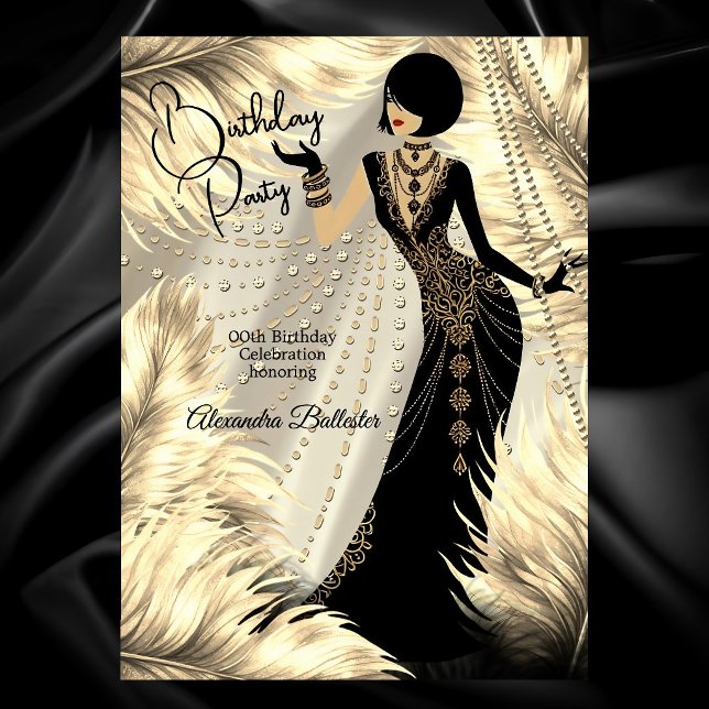 Invitation Birthday Party Cream Gold Black Dress Feathers (Créateur téléchargé)