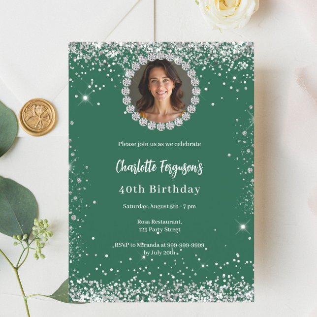 Invitation Birthday party emerald green diamond photo (Créateur téléchargé)