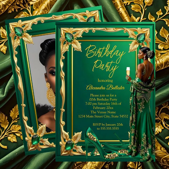 Invitation Birthday Party Emerald Green Gold high Heel Dress (Créateur téléchargé)