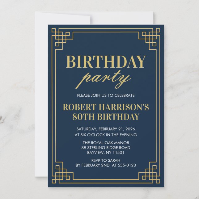 Invitation Birthday Party Navy Gold Art Deco 80th (Devant)