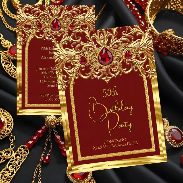 Invitation Birthday Party Regal Red Gold Lace Diamonds Gems (Créateur téléchargé)