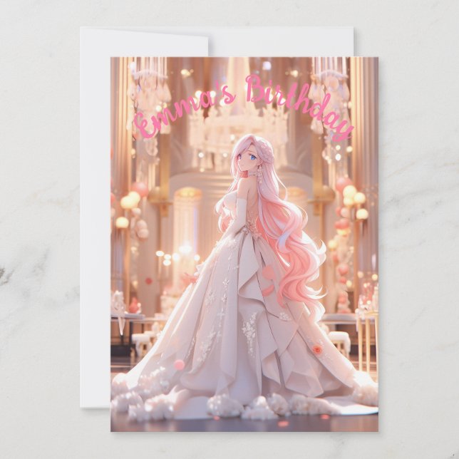 Invitation Birthday Pink hair princess in a white ballgown (Devant)