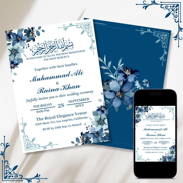 Invitation Bismillah bleu floral Mariage minimal (Créateur téléchargé)