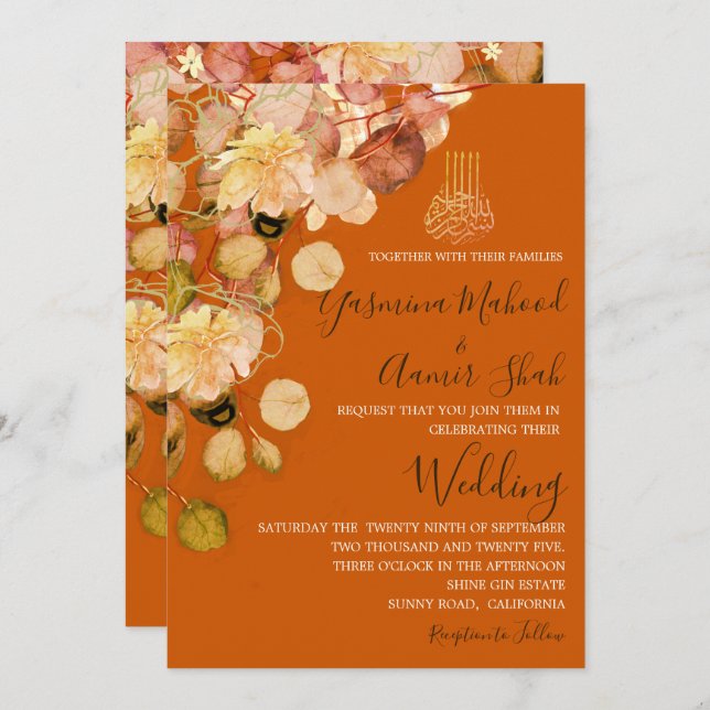 Invitation Bismillah islamique brûlé Orange Mariage floral (Devant / Derrière)