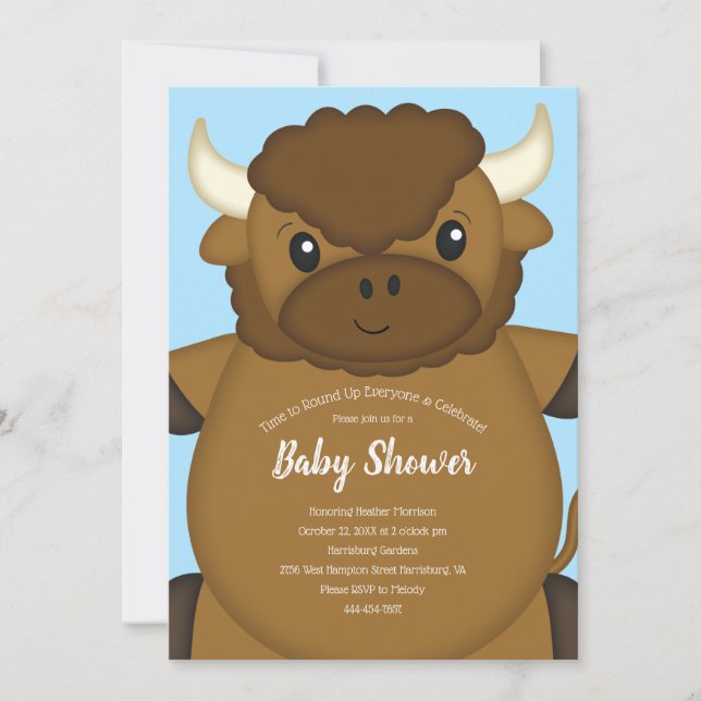 Invitation Bison Buffalo Baby shower Bleu (Devant)