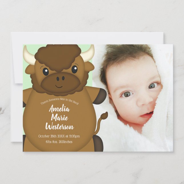 Invitation Bison Buffalo Baby shower vert (Devant)