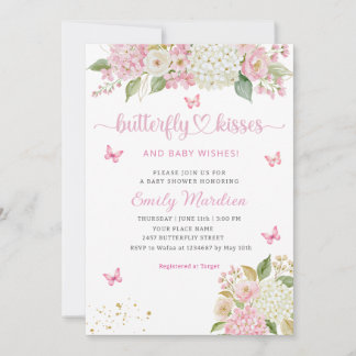 Invitation Bisous de papillon et vœux de bébé rose Baby Showe