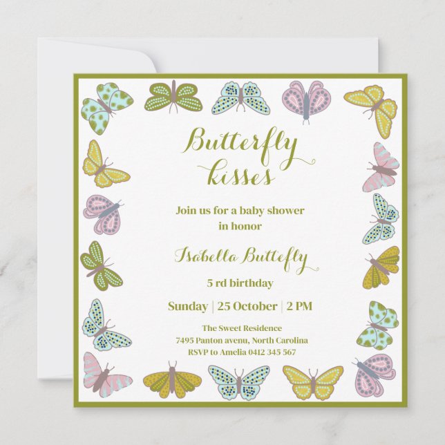Invitation Bisous de papillon Fête prénatale pour bébé fille (Devant)