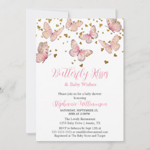 Invitation Bisous de papillon rose et or Baby Shower 
