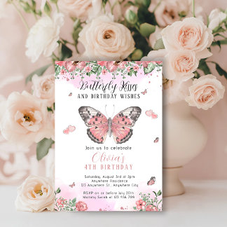 Invitation Bisous Papillon Rose et Or