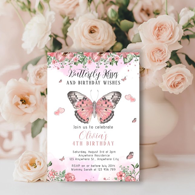 Invitation Bisous Papillon Rose et Or (Floral Pink Butterfly Kisses Birthday Invitation)