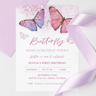 Invitation Bisous papillon rose Fille fête d'anniversaire