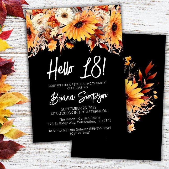 Invitation Black 18th Birthday Fall Floral (Créateur téléchargé)