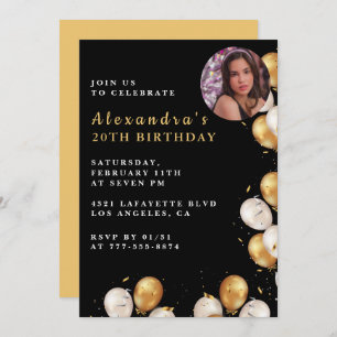 Invitation Black 20e anniversaire Gold Balloon Pho