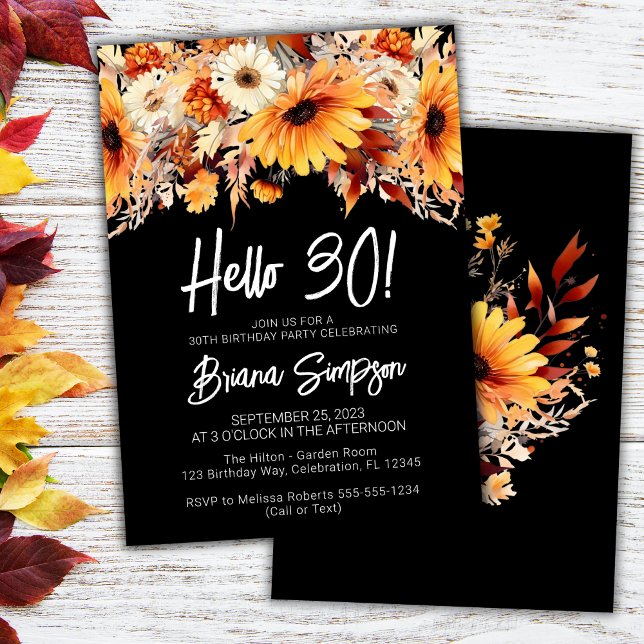 Invitation Black 30th Birthday Fall Floral (Créateur téléchargé)