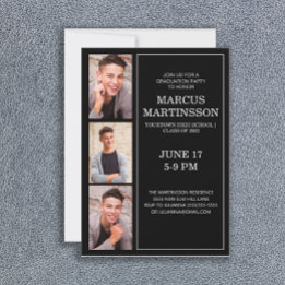 Invitation Black 3 Photo Moderne Graduation Party