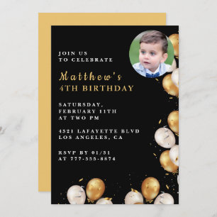 Invitation Black 4e anniversaire Gold Balloon Phot