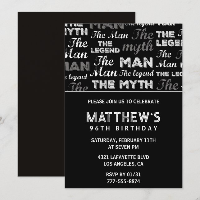 Invitation Black 96e anniversaire Man Myth Legend (Devant / Derrière)