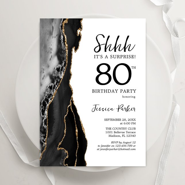 Invitation Black Agate White Gold Surprise 80e anniversaire (Créateur téléchargé)