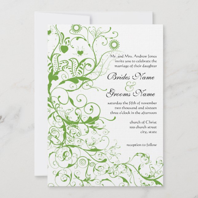 Invitation Black and Apple Green Bird Swirl Weddin (Devant)