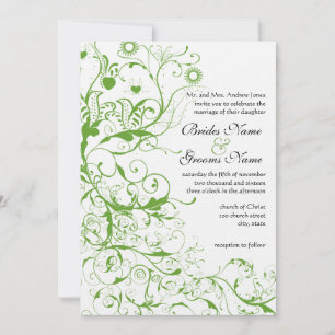Invitation Black and Apple Green Bird Swirl Weddin